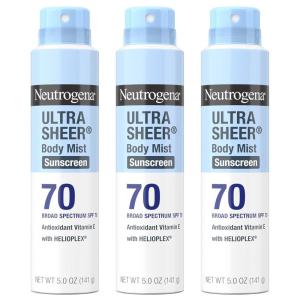 image:imageNeutrogena Ultra Sheer Body Mist Sunscreen Spray Broad Spectrum SPF 70 Lightweight Spray Sunscreen NonGreasy amp Water Resistant OilFree amp NonComedogenic UVAUVB 5 oz Pack of 35 Ounce Pack of 3