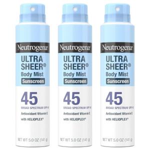 image:imageNeutrogena Ultra Sheer Sunscreen Spray SPF 45 Body Mist Lightweight NonGreasy Broad Spectrum UVAUVB Protection OilFree amp NonComedogenic Water Resistant Spray Sunscreen 80 min Pack of 3 5 oz